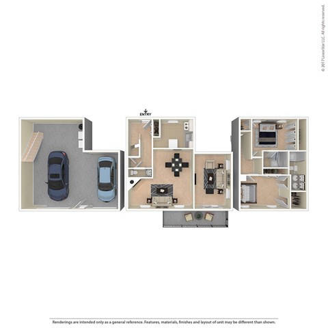 Floor plan for 2 beds, 2.5 baths, 1226 sqft
